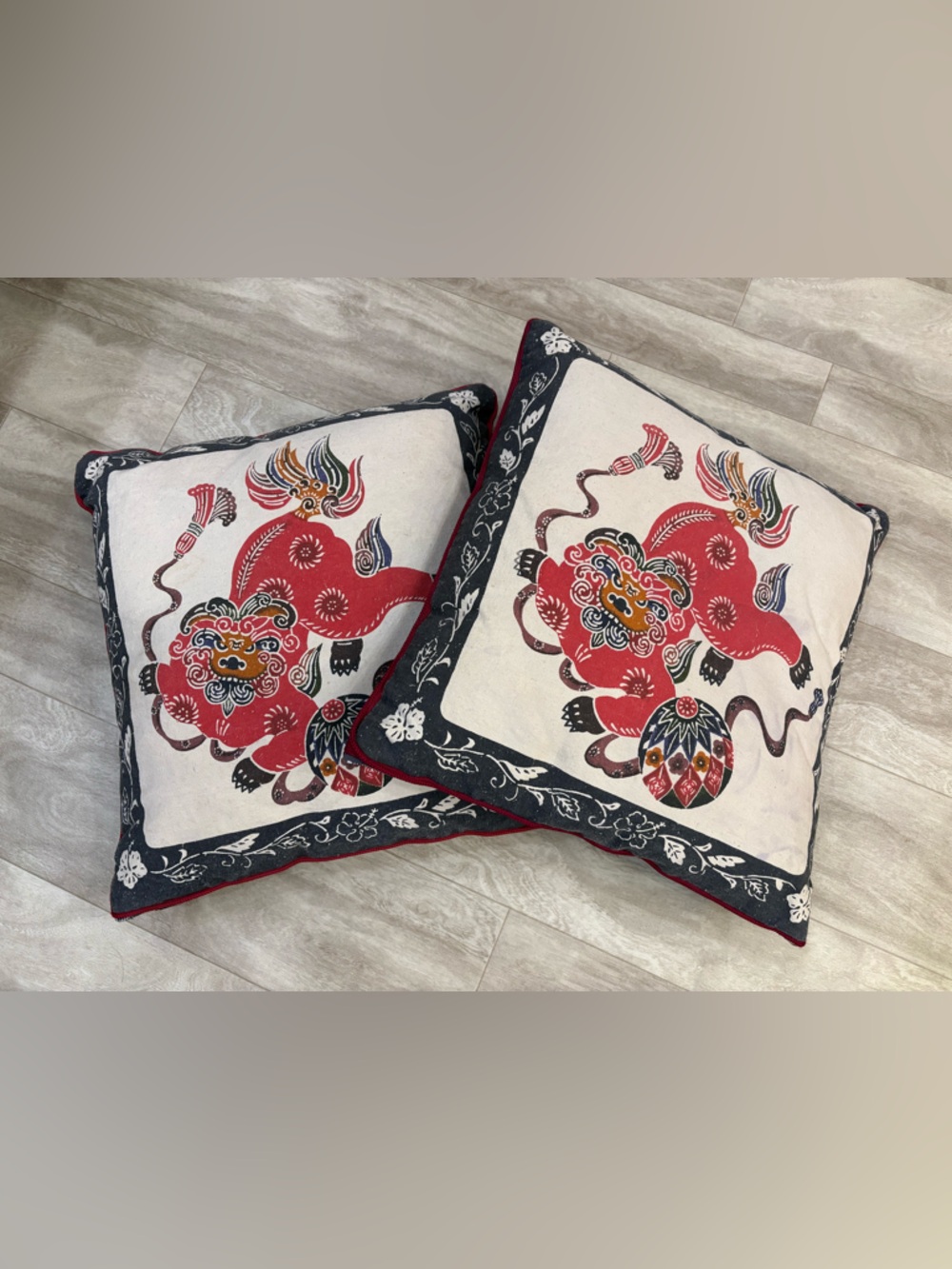 VTG Japanese Shisa Lion Throw Pillows 1960s YKK Zipper Asian Decor Okinawa Style
